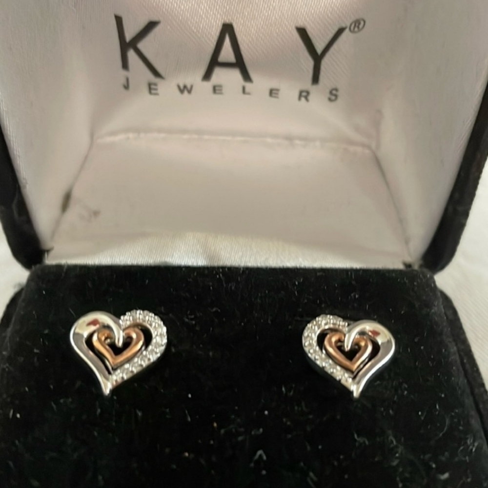 ❤️NIB❤️ KAY JEWELERS 10K ROSE GOLD /925 SILVER DOUBLE HEART DIAMOND EARRINGS